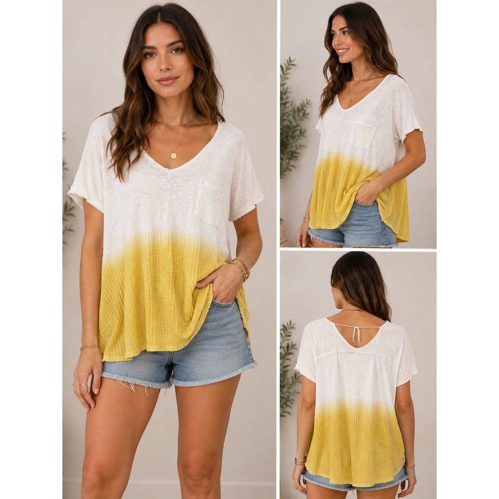 We The Free Free People Yellow White Dip Dye Oversized Linen Blend Top M